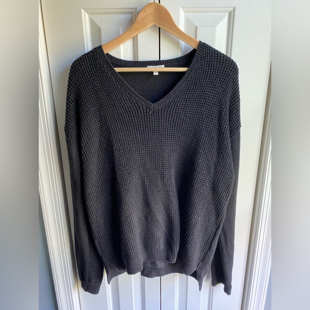 Calvin Klein Womens Black Sparkly V-Neck Pullover Textured Sweater Size Medium